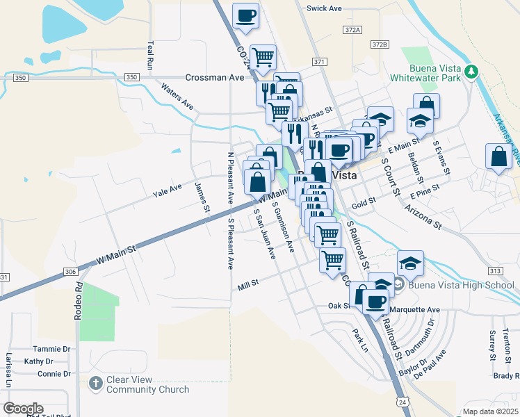 map of restaurants, bars, coffee shops, grocery stores, and more near 125 South San Juan Avenue in Buena Vista