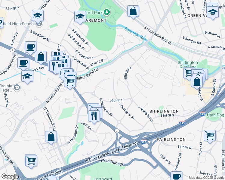 map of restaurants, bars, coffee shops, grocery stores, and more near 2818 South Buchanan Street in Arlington