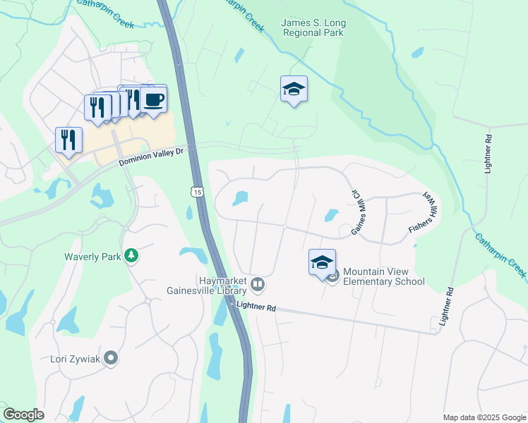 map of restaurants, bars, coffee shops, grocery stores, and more near 5413 Dabneys Mill Court in Haymarket