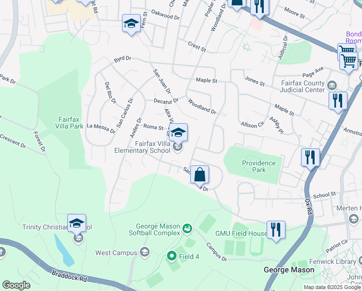 map of restaurants, bars, coffee shops, grocery stores, and more near 10900 Santa Clara Drive in Fairfax