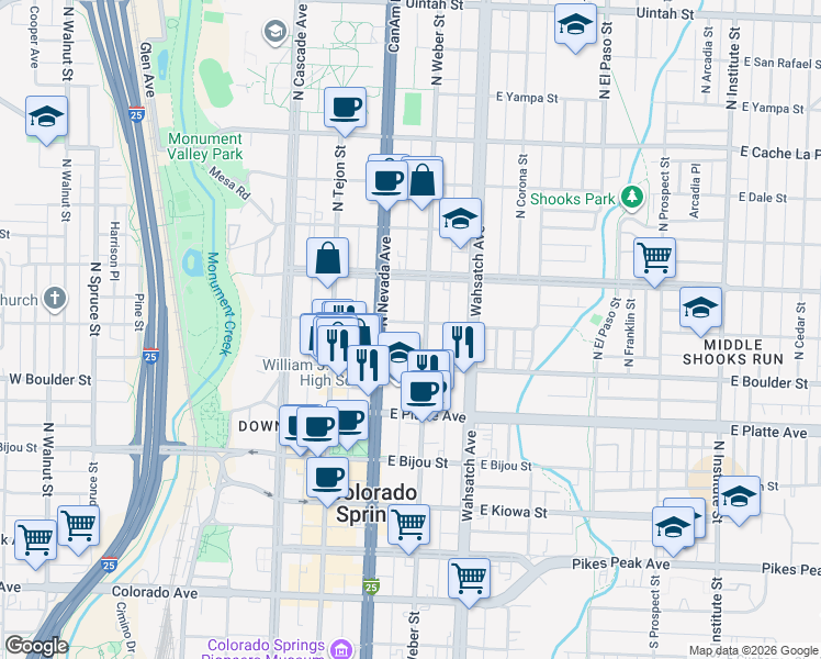 map of restaurants, bars, coffee shops, grocery stores, and more near 221 East Saint Vrain Street in Colorado Springs