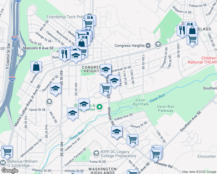 map of restaurants, bars, coffee shops, grocery stores, and more near 3400 Wheeler Road Southeast in Washington