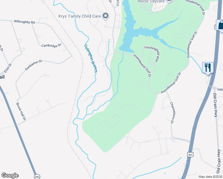 map of restaurants, bars, coffee shops, grocery stores, and more near 3400 Winterbourne Drive in Upper Marlboro