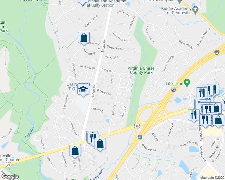 map of restaurants, bars, coffee shops, grocery stores, and more near 14565 Granville Lane in Centreville