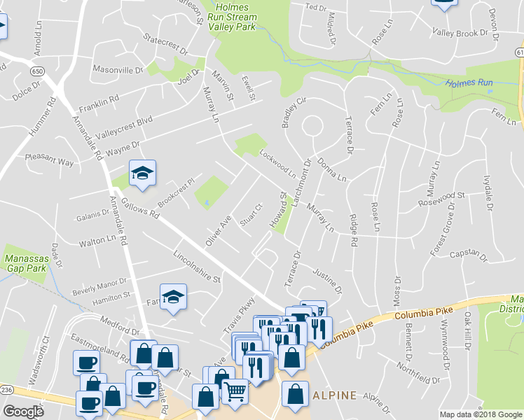map of restaurants, bars, coffee shops, grocery stores, and more near 3813 Stuart Court in Annandale