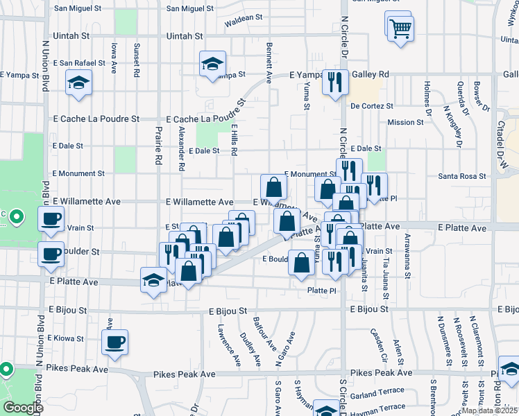 map of restaurants, bars, coffee shops, grocery stores, and more near 2515 East Willamette Avenue in Colorado Springs