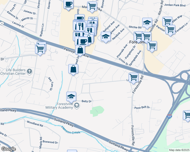 map of restaurants, bars, coffee shops, grocery stores, and more near 7318 Donnell Place in District Heights