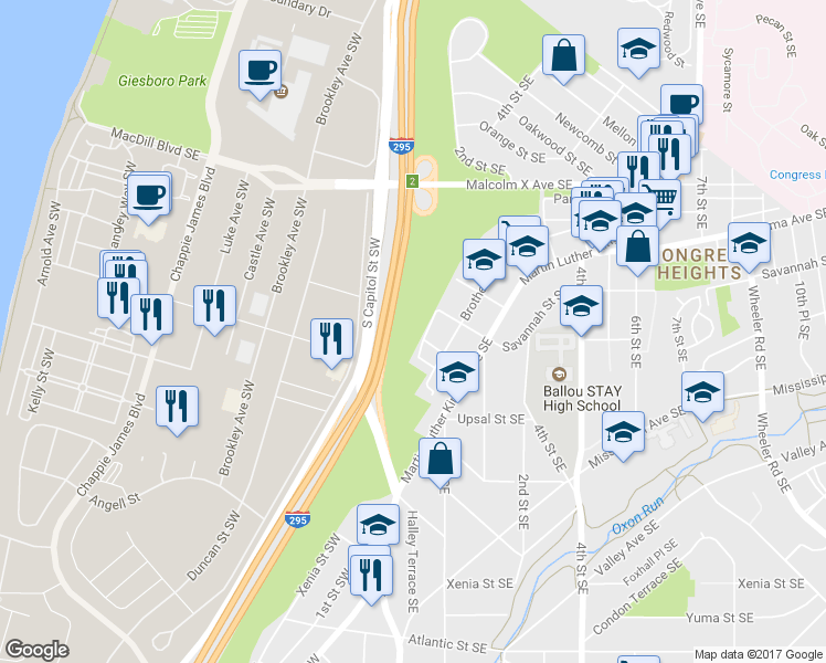 map of restaurants, bars, coffee shops, grocery stores, and more near 126 Raleigh Street Southeast in Washington