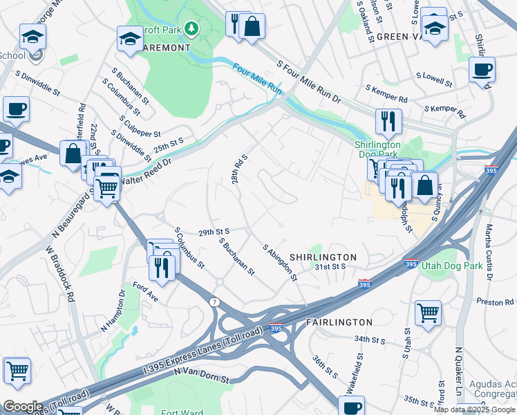 map of restaurants, bars, coffee shops, grocery stores, and more near 2883 South Abingdon Street in Arlington