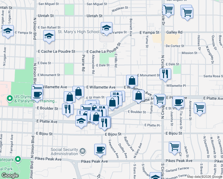map of restaurants, bars, coffee shops, grocery stores, and more near 2453 East Willamette Avenue in Colorado Springs