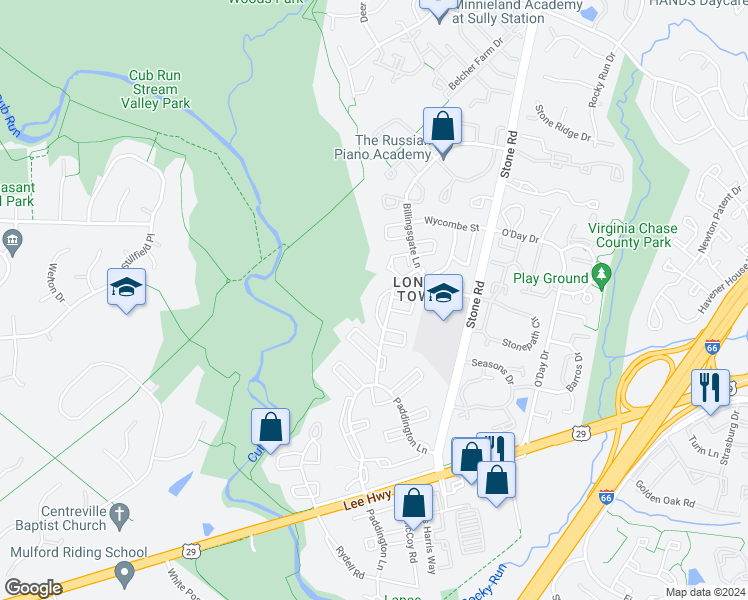 map of restaurants, bars, coffee shops, grocery stores, and more near 6122 Gothwaite Drive in Centreville