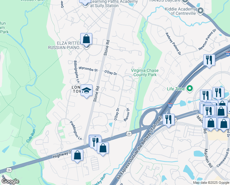 map of restaurants, bars, coffee shops, grocery stores, and more near 14567 Granville Lane in Centreville