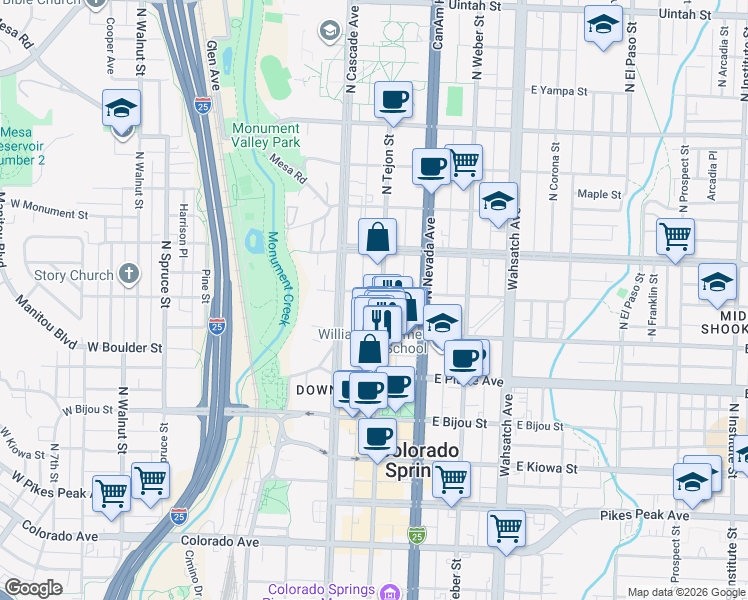 map of restaurants, bars, coffee shops, grocery stores, and more near 100 East Saint Vrain Street in Colorado Springs