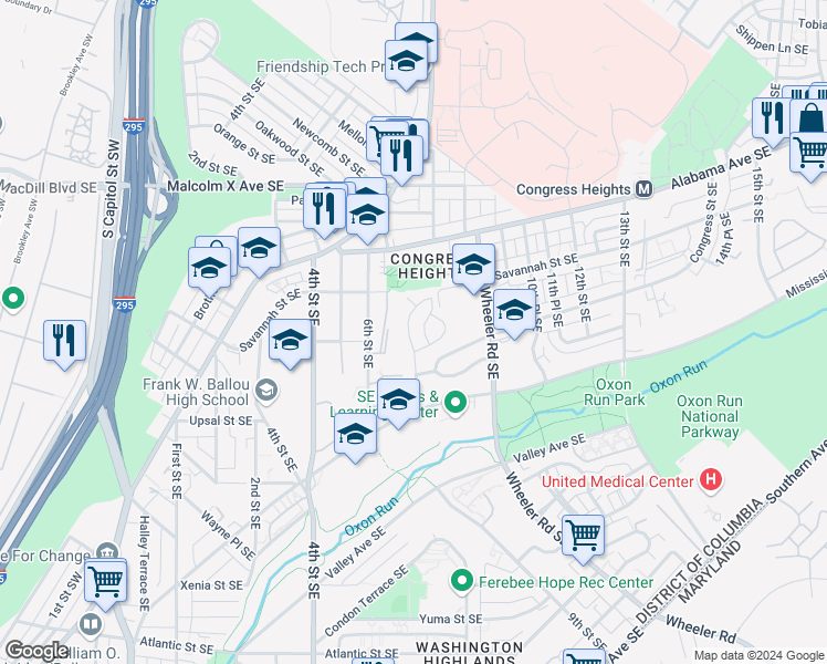 map of restaurants, bars, coffee shops, grocery stores, and more near 3314 7th Street Southeast in Washington