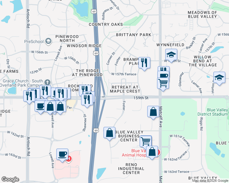 map of restaurants, bars, coffee shops, grocery stores, and more near 7659 West 158th Terrace in Overland Park