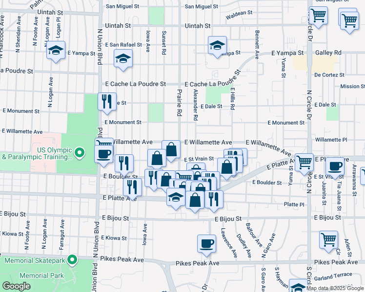 map of restaurants, bars, coffee shops, grocery stores, and more near 2301 East Willamette Avenue in Colorado Springs