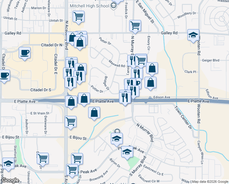 map of restaurants, bars, coffee shops, grocery stores, and more near 561 Potter Drive in Colorado Springs