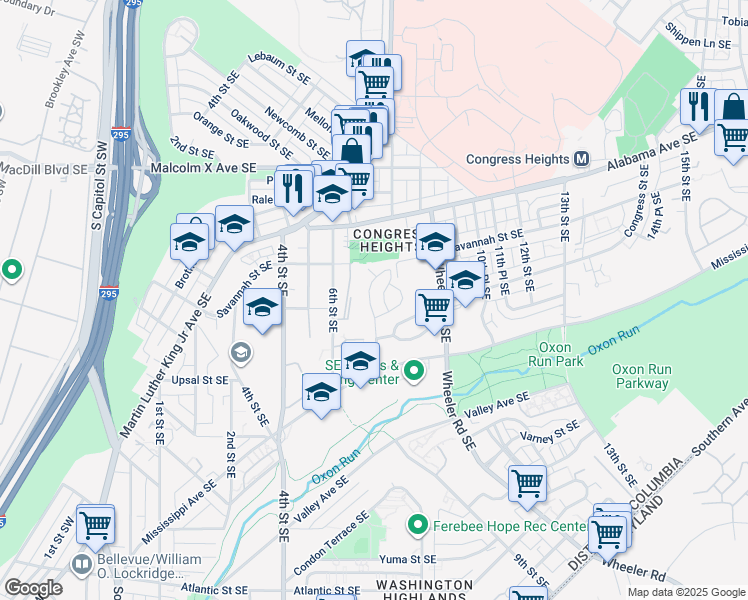map of restaurants, bars, coffee shops, grocery stores, and more near 3314 7th Street Southeast in Washington