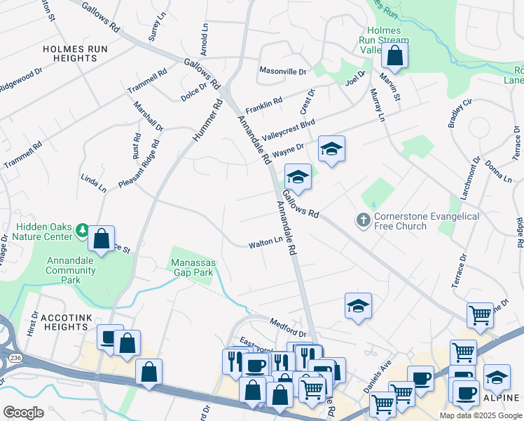 map of restaurants, bars, coffee shops, grocery stores, and more near 7404 Galanis Drive in Annandale