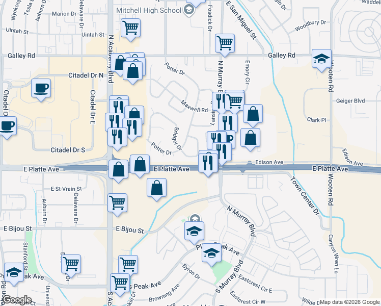 map of restaurants, bars, coffee shops, grocery stores, and more near 561 Potter Drive in Colorado Springs