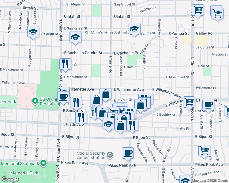 map of restaurants, bars, coffee shops, grocery stores, and more near 2301 East Willamette Avenue in Colorado Springs