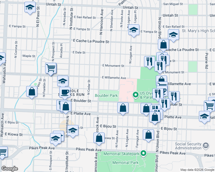 map of restaurants, bars, coffee shops, grocery stores, and more near 520 North Sheridan Avenue in Colorado Springs