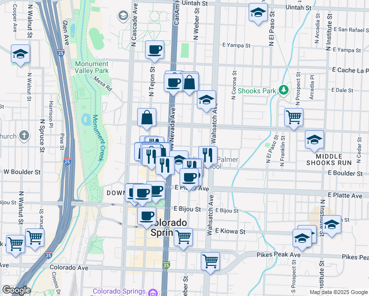 map of restaurants, bars, coffee shops, grocery stores, and more near 226 East Saint Vrain Street in Colorado Springs