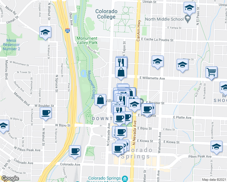 map of restaurants, bars, coffee shops, grocery stores, and more near 7 East Saint Vrain Street in Colorado Springs