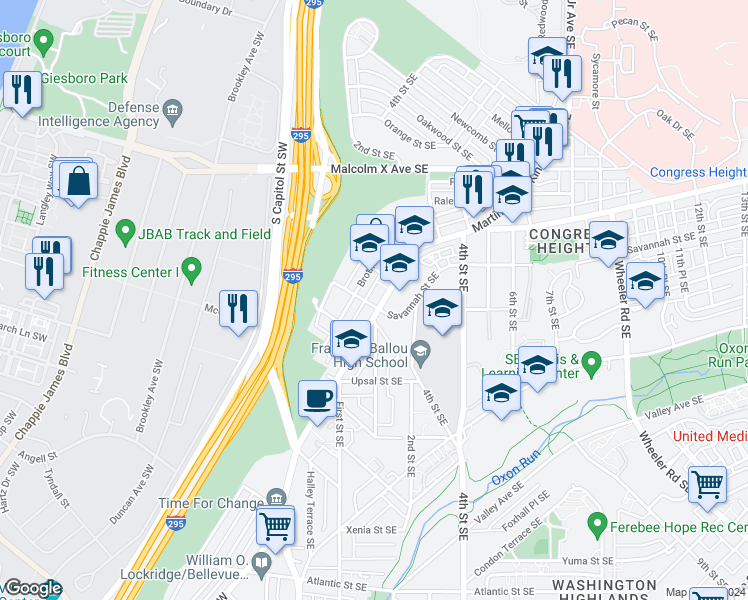 map of restaurants, bars, coffee shops, grocery stores, and more near 101 Independence Avenue Southeast in Washington