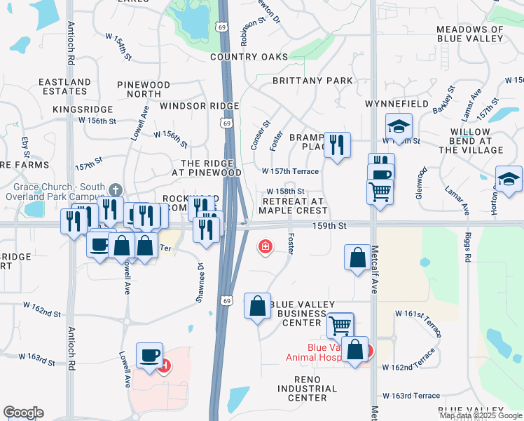 map of restaurants, bars, coffee shops, grocery stores, and more near 7646 West 158th Terrace in Overland Park