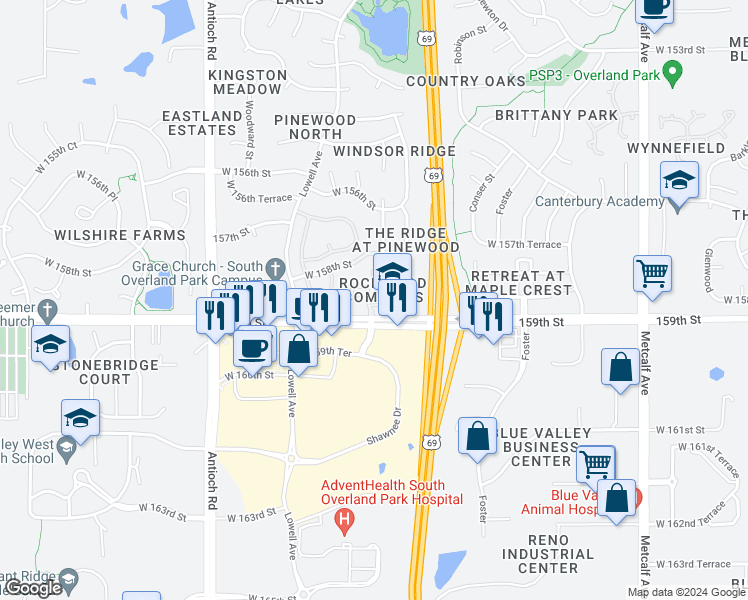 map of restaurants, bars, coffee shops, grocery stores, and more near 7866 West 158th Court in Overland Park