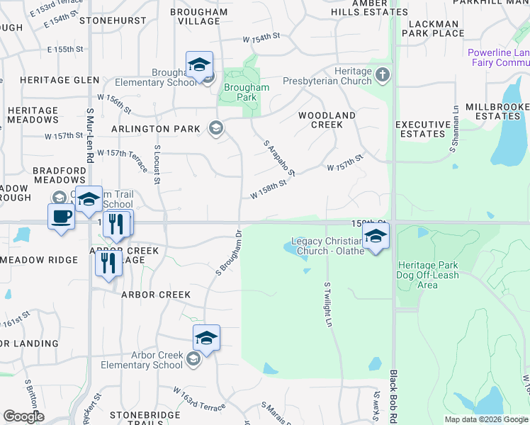map of restaurants, bars, coffee shops, grocery stores, and more near 15718 West 158th Terrace in Olathe