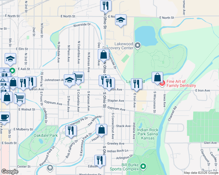 map of restaurants, bars, coffee shops, grocery stores, and more near 109 North Connecticut Avenue in Salina