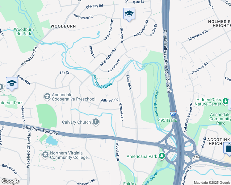 map of restaurants, bars, coffee shops, grocery stores, and more near 3808 Millcreek Drive in Annandale