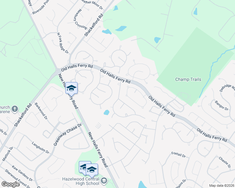 map of restaurants, bars, coffee shops, grocery stores, and more near 3735 Affirmed Drive in Florissant