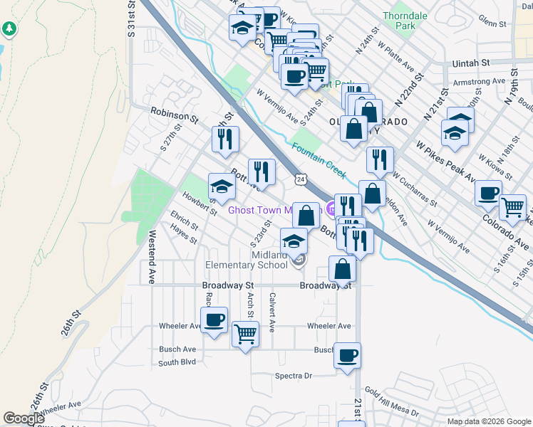 map of restaurants, bars, coffee shops, grocery stores, and more near 2310 Hagerman Street in Colorado Springs