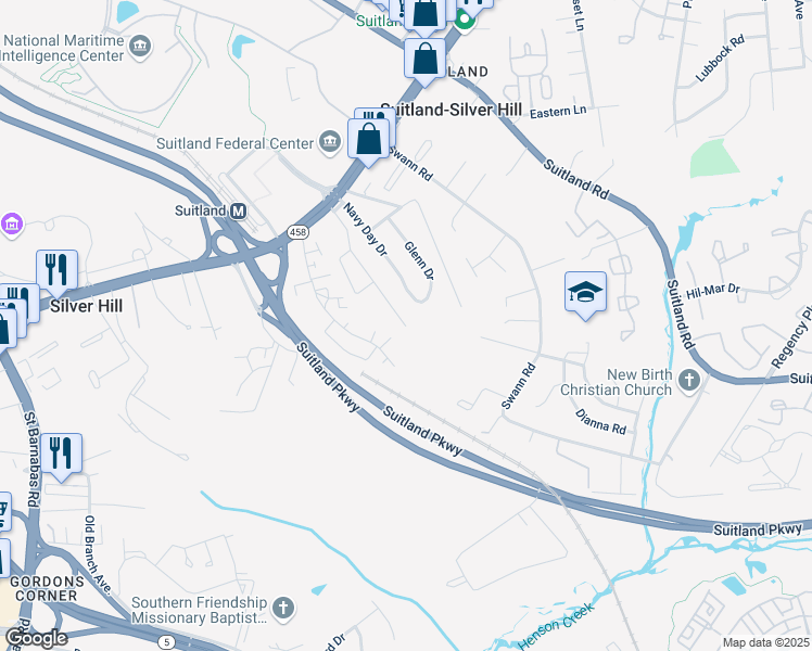 map of restaurants, bars, coffee shops, grocery stores, and more near 3509 Pearl Drive in Suitland-Silver Hill