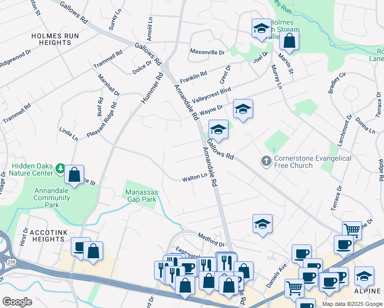 map of restaurants, bars, coffee shops, grocery stores, and more near 7404 Galanis Drive in Annandale