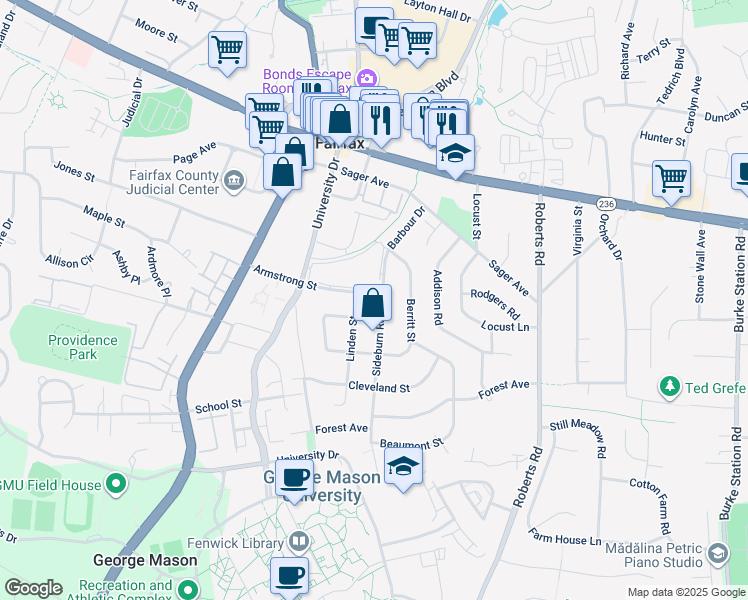 map of restaurants, bars, coffee shops, grocery stores, and more near 4200 Sideburn Road in Fairfax