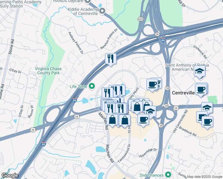 map of restaurants, bars, coffee shops, grocery stores, and more near 5885 Trinity Parkway in Centreville