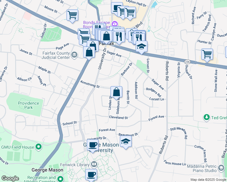 map of restaurants, bars, coffee shops, grocery stores, and more near 4201 Linden Street in Fairfax