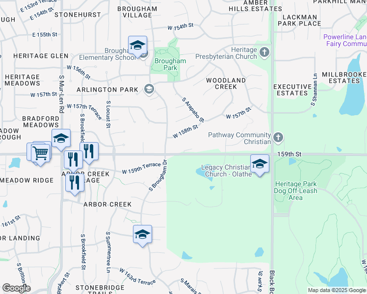 map of restaurants, bars, coffee shops, grocery stores, and more near 15718 West 158th Terrace in Olathe