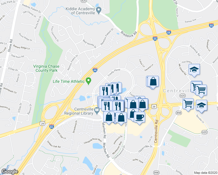 map of restaurants, bars, coffee shops, grocery stores, and more near 5885 Trinity Parkway in Centreville