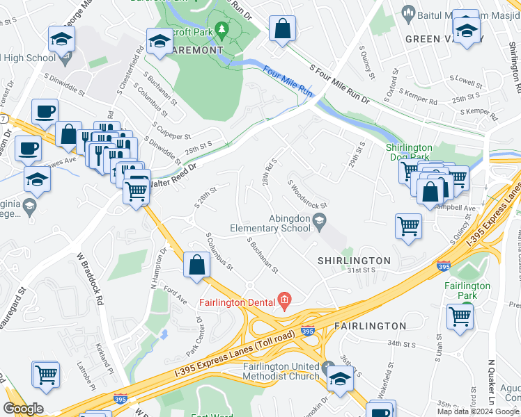 map of restaurants, bars, coffee shops, grocery stores, and more near 2848 South Abingdon Street in Arlington