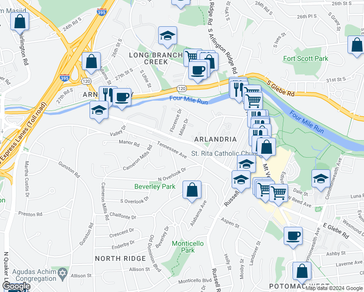 map of restaurants, bars, coffee shops, grocery stores, and more near 724 West Glebe Road in Alexandria