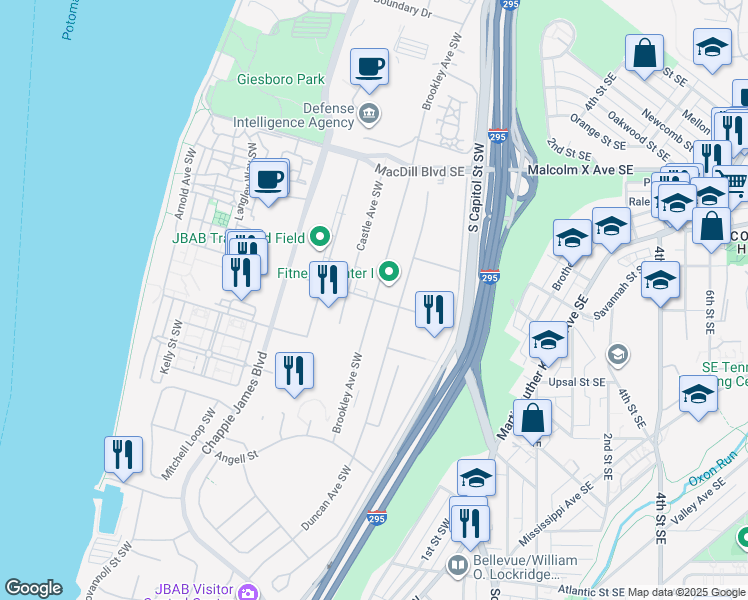 map of restaurants, bars, coffee shops, grocery stores, and more near Mc Chord Street in Washington