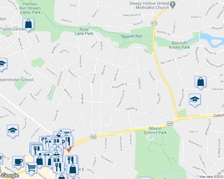 map of restaurants, bars, coffee shops, grocery stores, and more near 6838 Murray Lane in Annandale