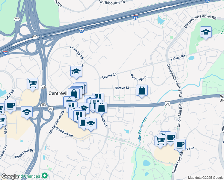 map of restaurants, bars, coffee shops, grocery stores, and more near 5600 Lierman Circle in Centreville