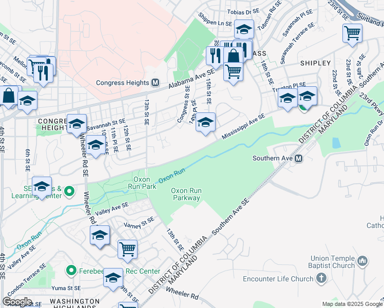 map of restaurants, bars, coffee shops, grocery stores, and more near 1500 Mississippi Avenue Southeast in Washington