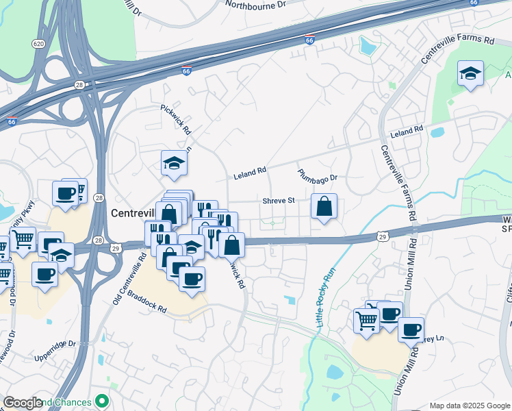 map of restaurants, bars, coffee shops, grocery stores, and more near 5600 Lierman Circle in Centreville